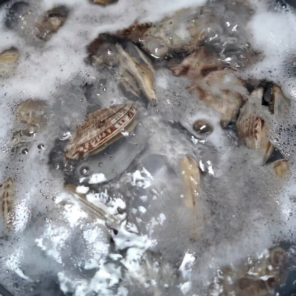 Gekochte Venusmuscheln werden mit einem Edelstahlsieb aus dem kochenden Wasser gehoben.