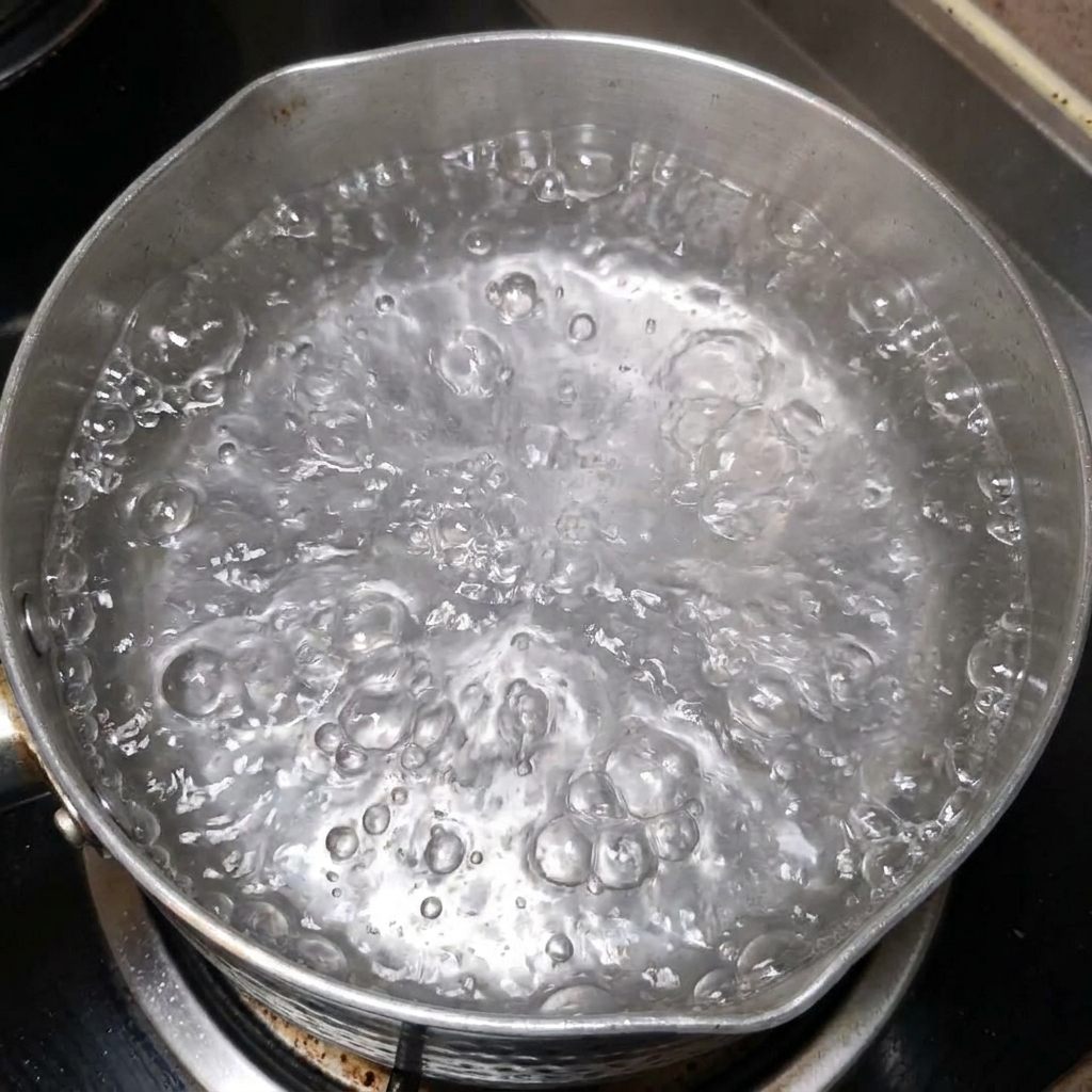 Streifen von Kartoffel, Zucchini und Zwiebel kochen in der muschelaromatisierten Brühe.