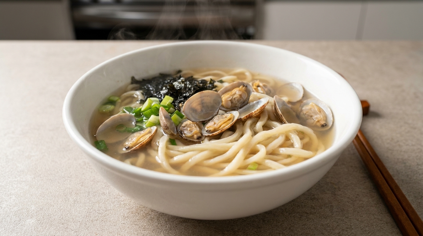 Handgezogene Nudelsuppe mit Venusmuscheln