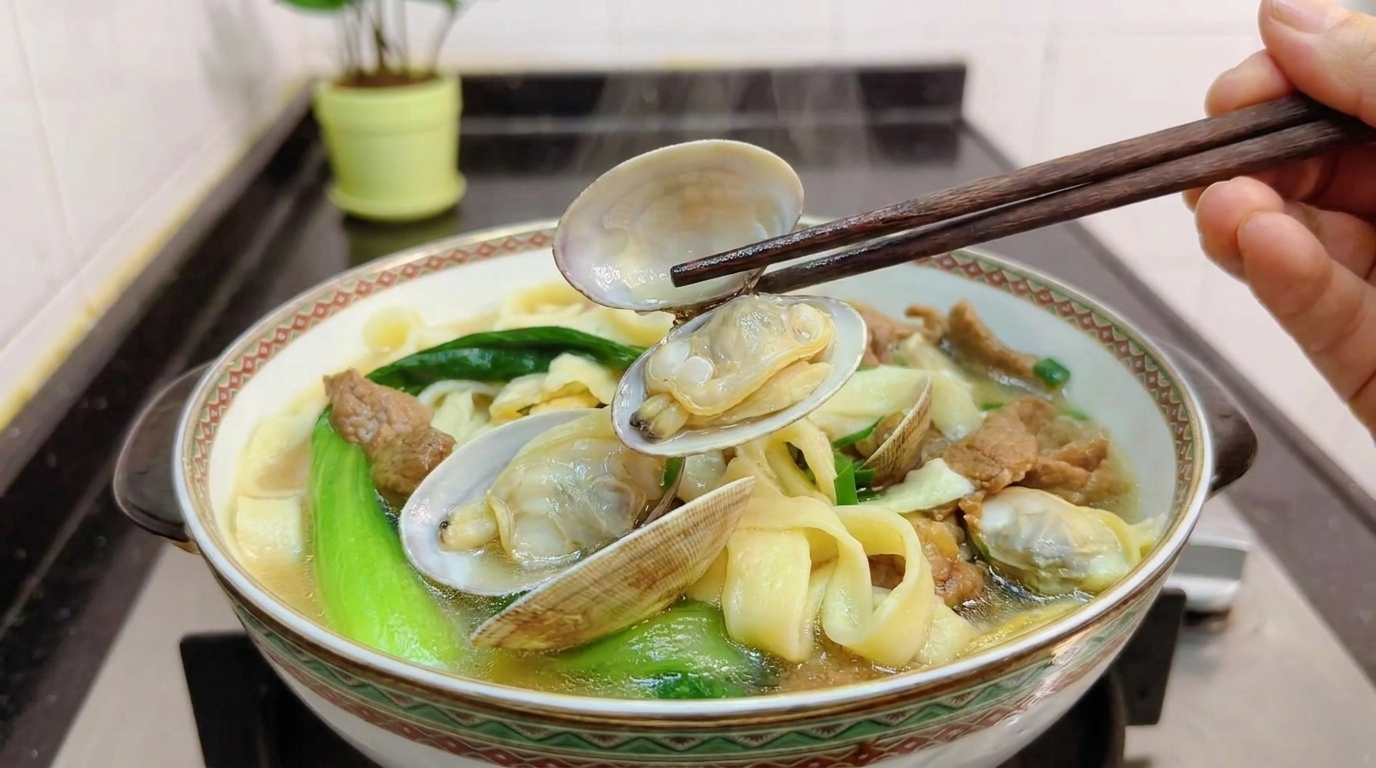 Nudelsuppe mit Venusmuscheln und magerem Fleisch