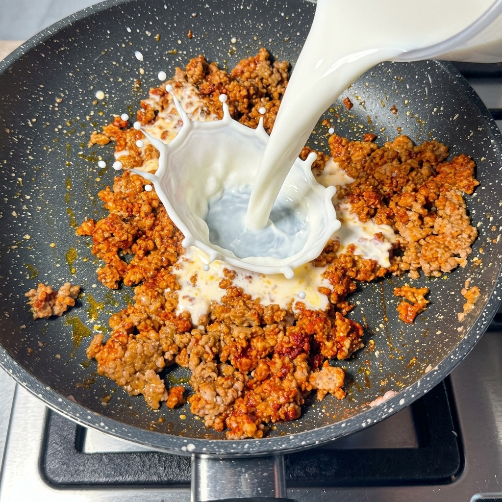 Milch wird aus einem Messbecher in die gewürzte Fleischmischung gegossen.