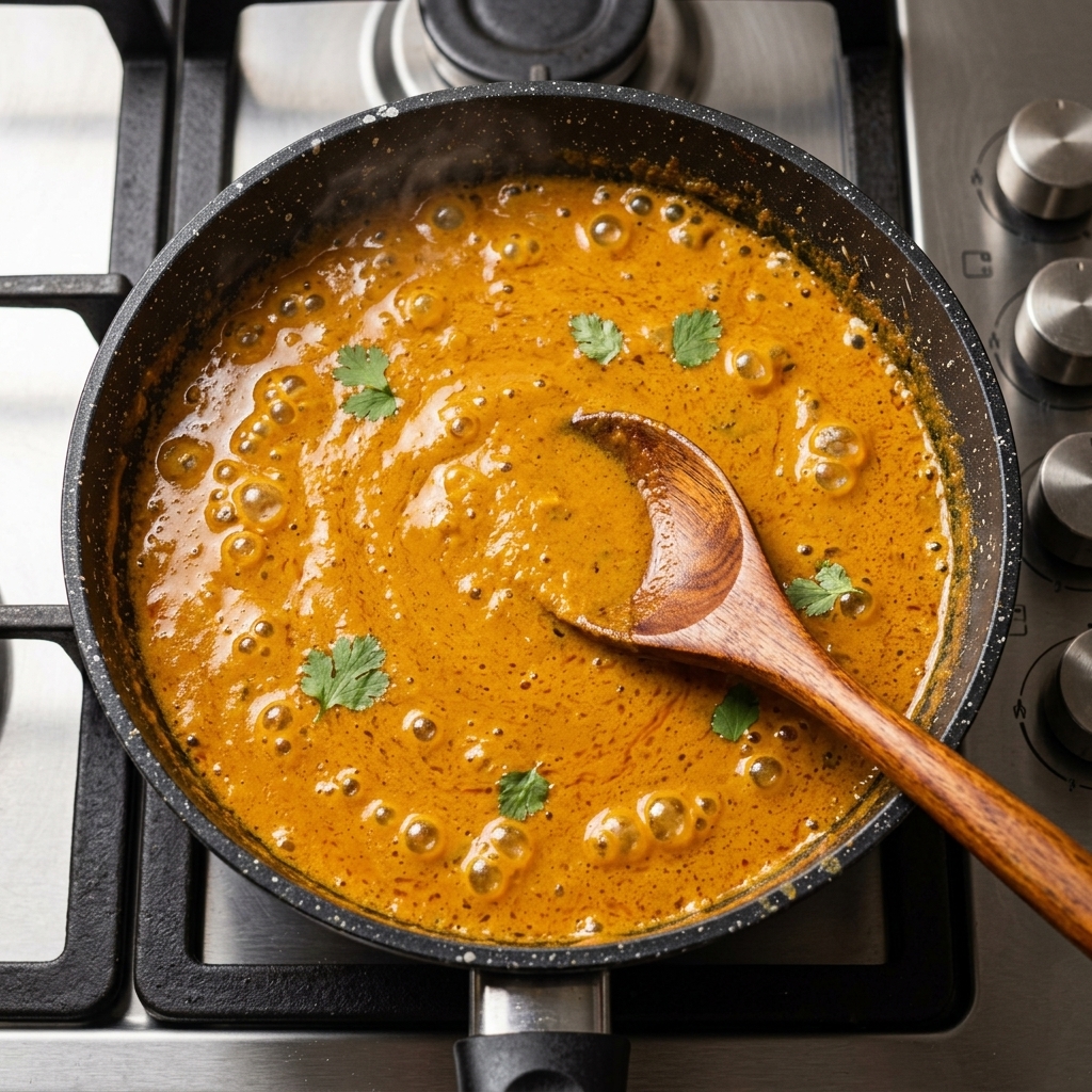 Eine dickflüssige, orangefarbene Shacha-Fleisch-Sauce wird in einer Pfanne gerührt.