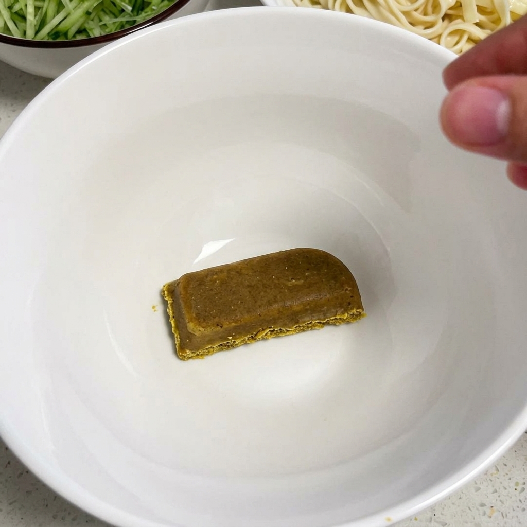 Ein rechteckiger Block Currygewürz liegt auf dem Boden einer leeren weißen Keramikschüssel.