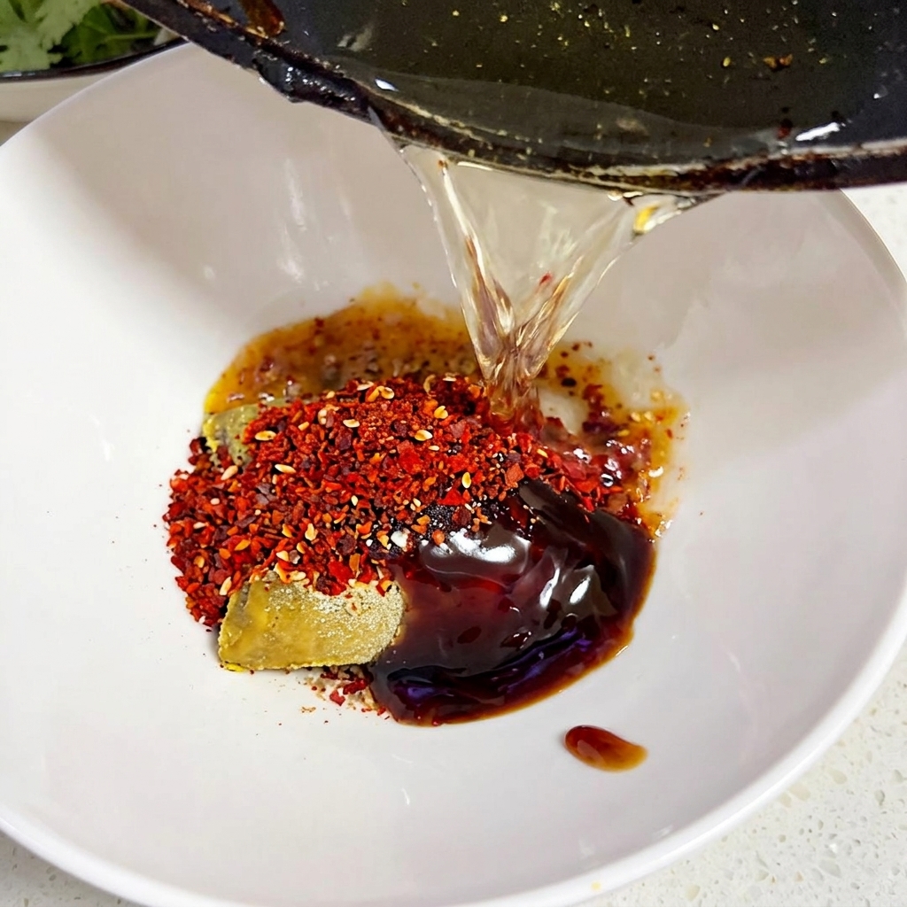 Heißes Öl wird aus einer dunklen Pfanne über einen Haufen roter Chiliflocken und einen Curryblock in einer weißen Schüssel gegossen.
