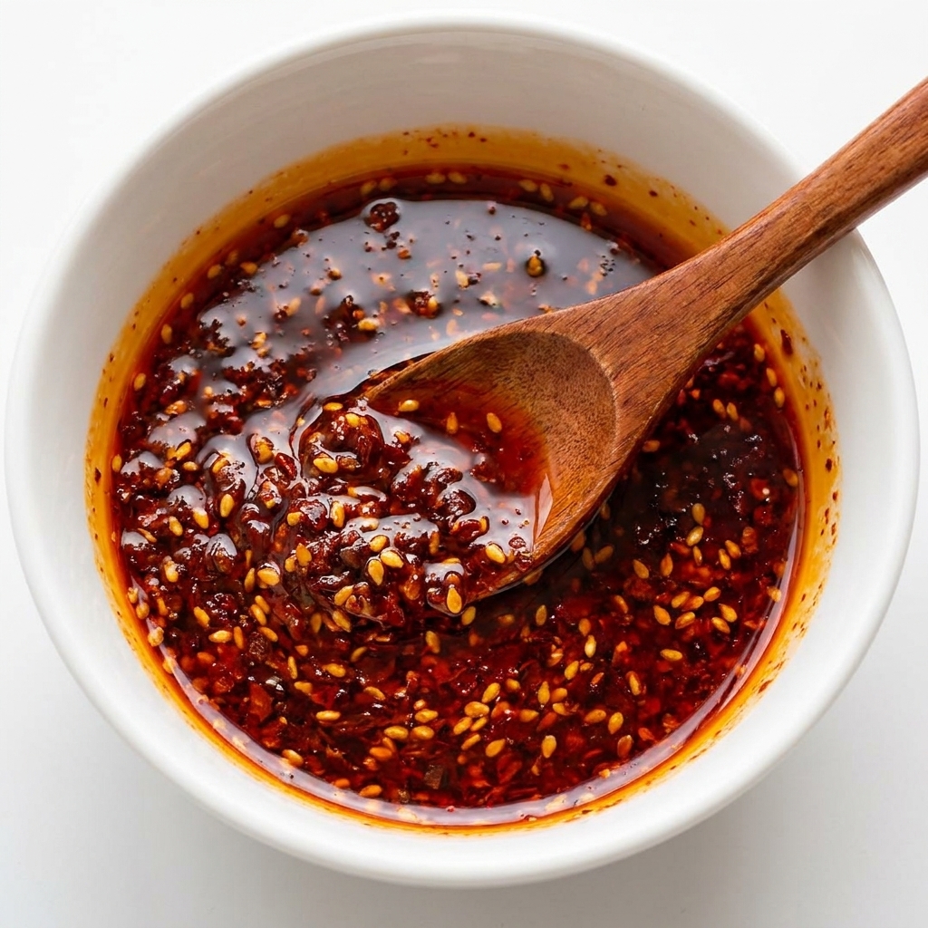 Eine dunkelrote, glänzende Curry- und Chilisauce gemischt mit Sesam in einer weißen Schüssel, mit einem darin ruhenden Holzlöffel.