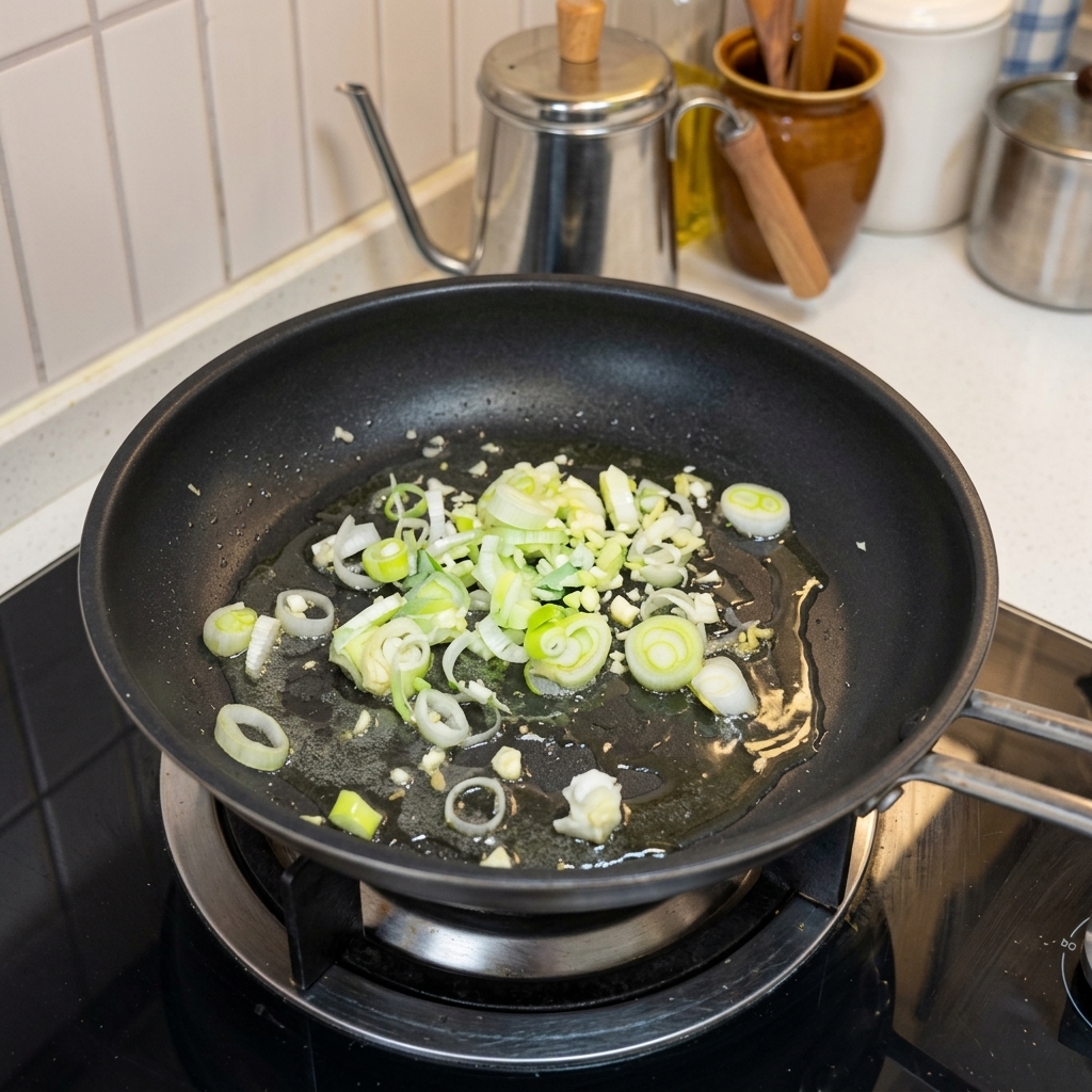Gehackter Knoblauch und Frühlingszwiebeln braten in einer heißen Pfanne mit Öl.