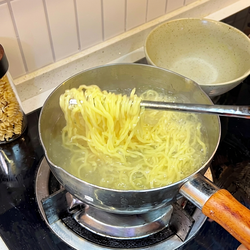 Frisch gekochte Ramen-Nudeln werden in einem Sieb mit kaltem Wasser abgespült.