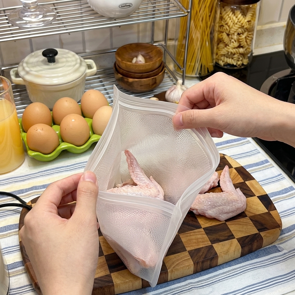 Hähnchenflügel in einem Beutel mit Sojasauce mariniert.