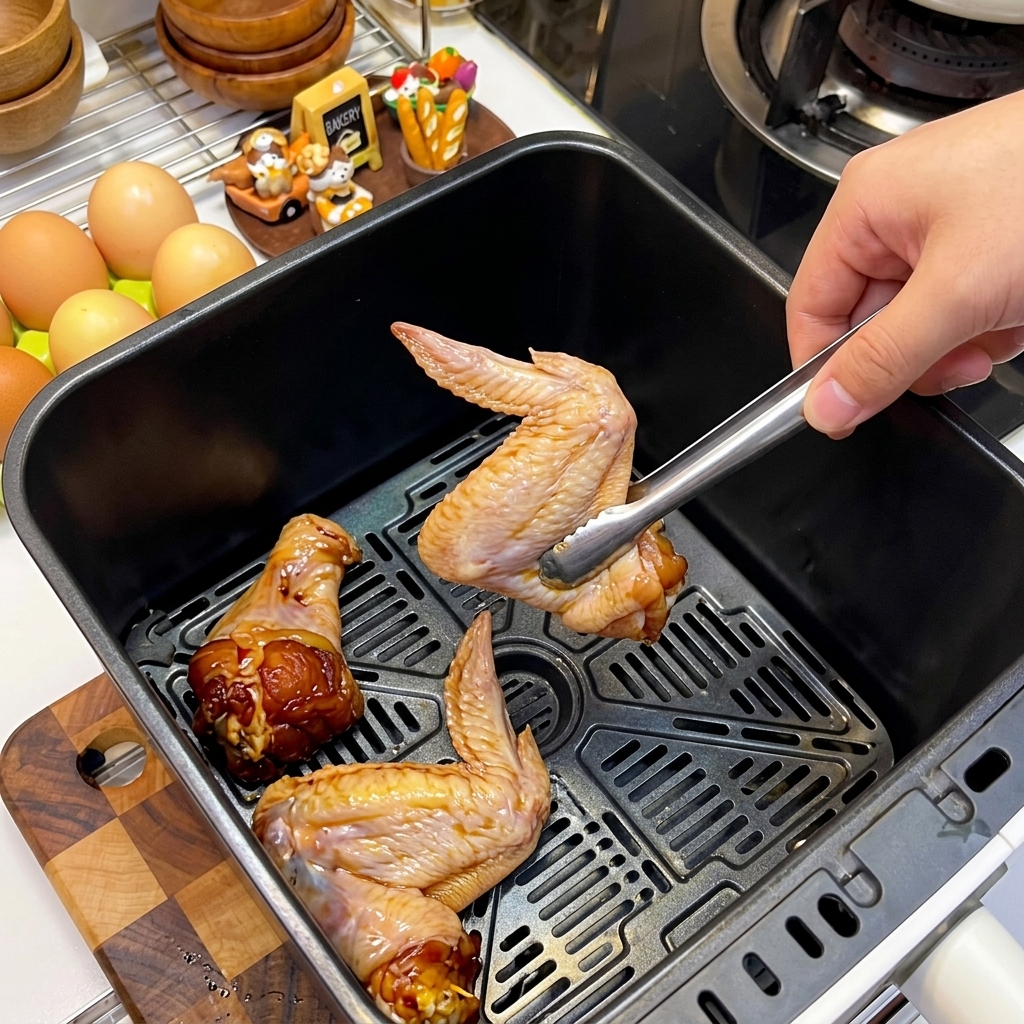 Marinierte Hähnchenflügel ordentlich mit der Hautseite nach unten im Airfryer-Korb.
