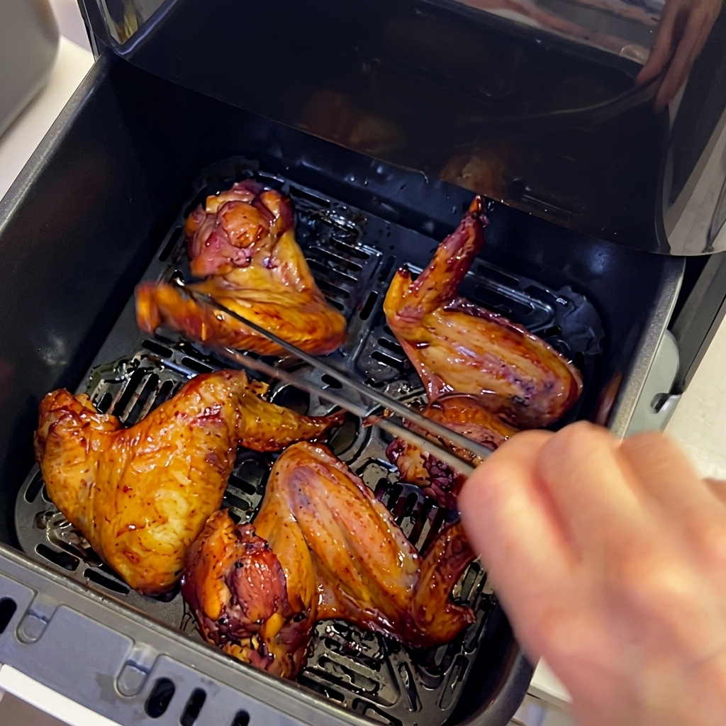 Knusprige Hähnchenflügel im Airfryer werden mit einer Zange gewendet.