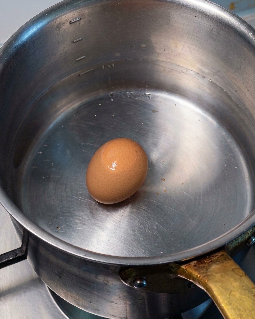 Ein ganzes braunes Ei liegt auf dem Grund eines mit heißem Wasser gefüllten Metalltopfes.
