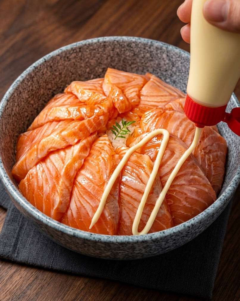 Ansicht von oben auf eine Lachs-Bowl, die mit dicken Linien aus Mayonnaise beträufelt wird.