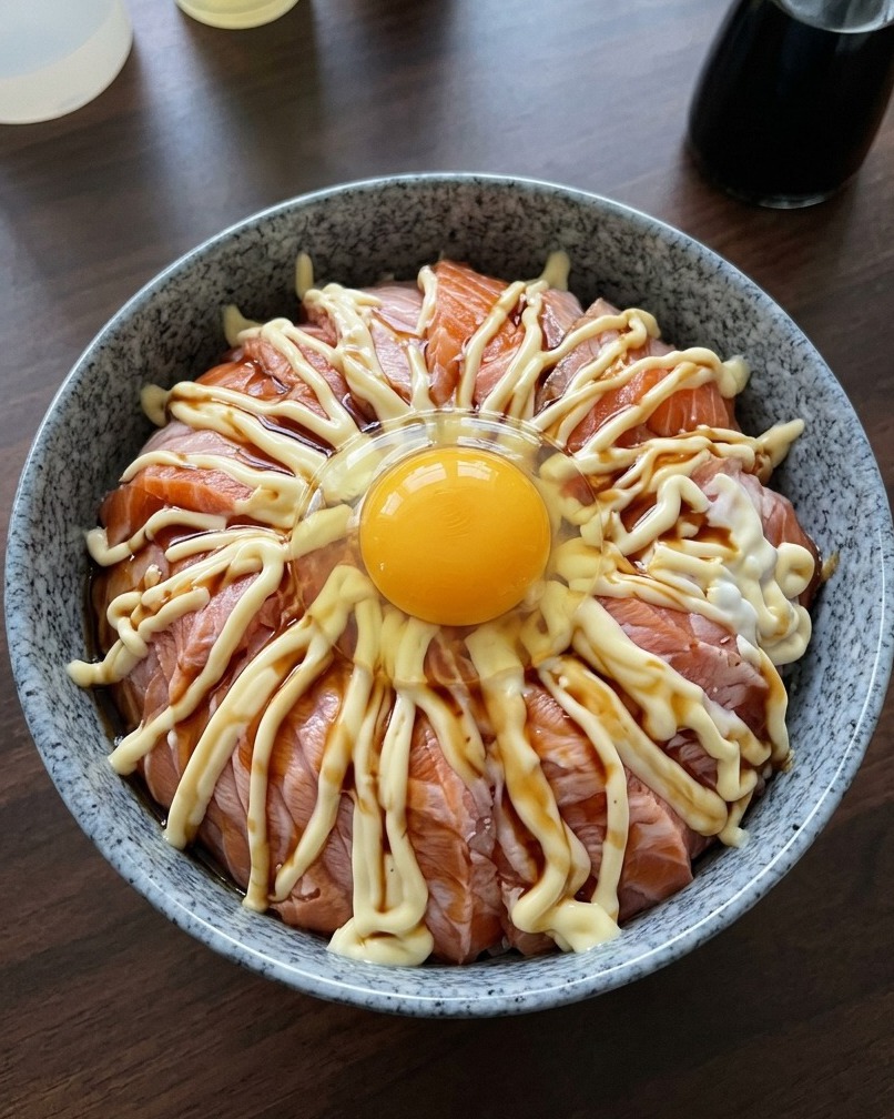 Eine Lachs-Bowl mit einem frischen, flüssigen weichgekochten Ei in der Mitte.
