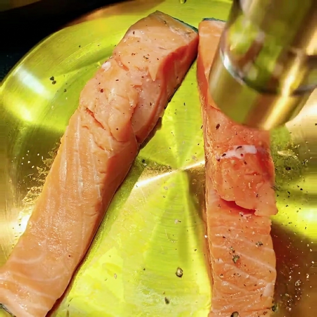 Zwei rohe Lachsfilets auf einem gelben Teller werden mit einer Pfeffermühle gewürzt.