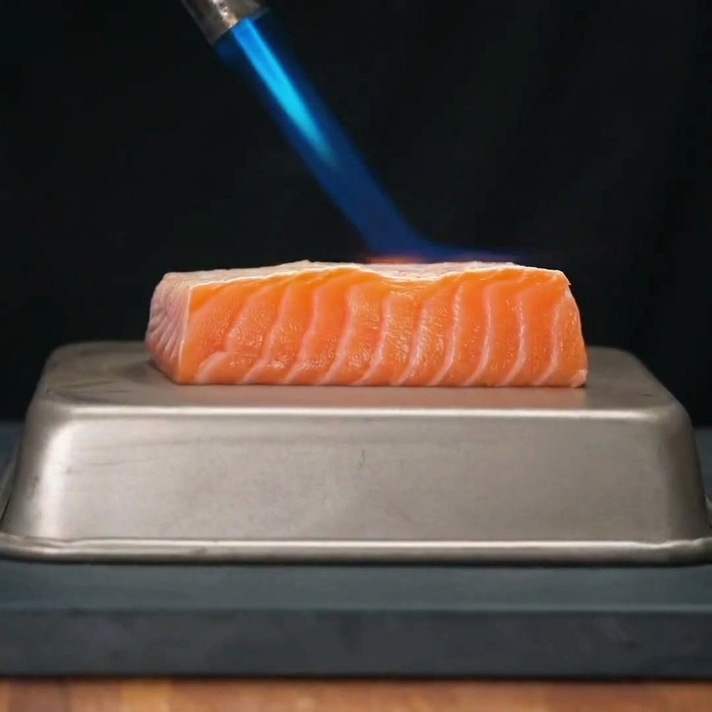 Eine einzelne große Jakobsmuschel grillt auf heißer Kohle, belegt mit schmelzender Butter und würziger Sauce.