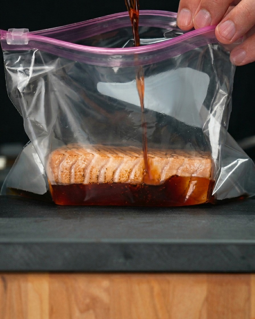 Ein abgeflämmtes Lachsfilet in einem Plastikbeutel, über das Kombu-Sojasauce gegossen wird.