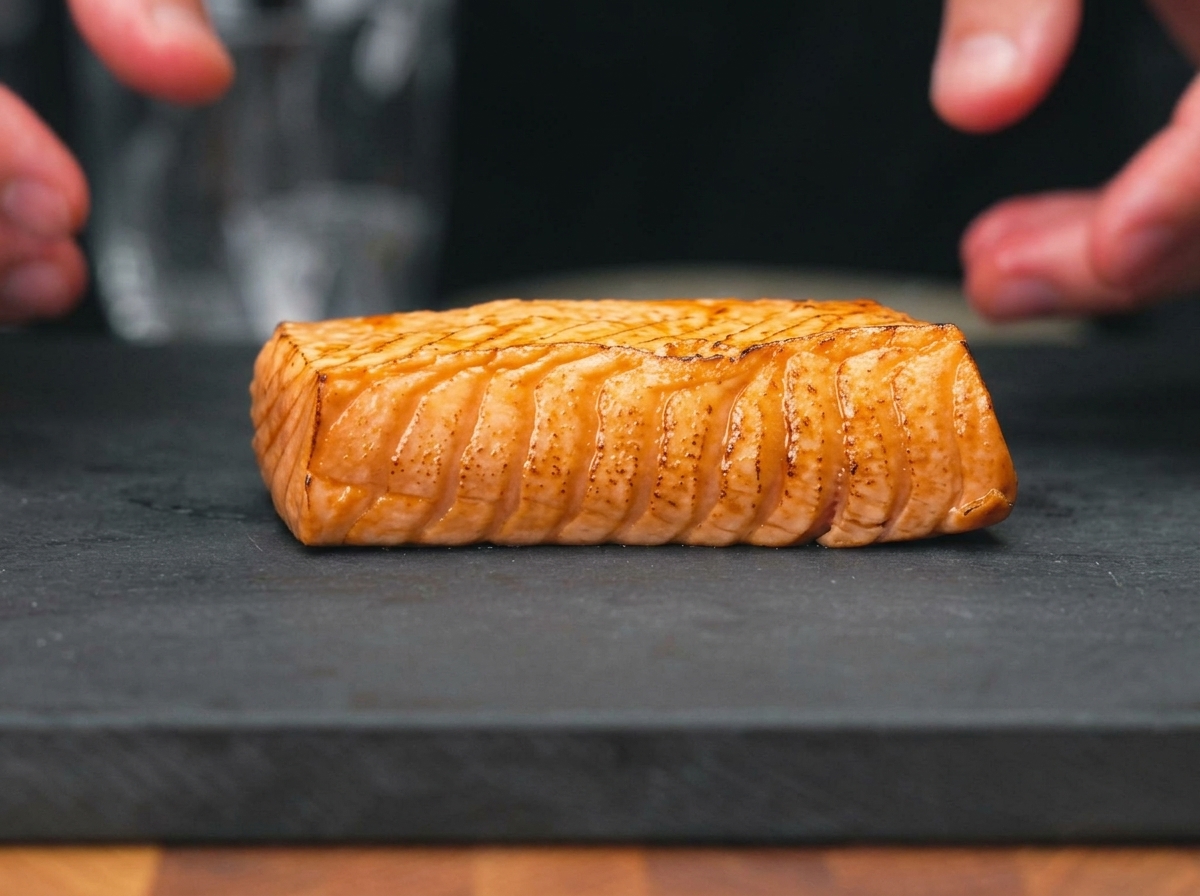 Ein Stück marinierter, abgeflämmter Lachs wird auf einem dunklen Schneidebrett in dicke, gleichmäßige Portionen geschnitten.