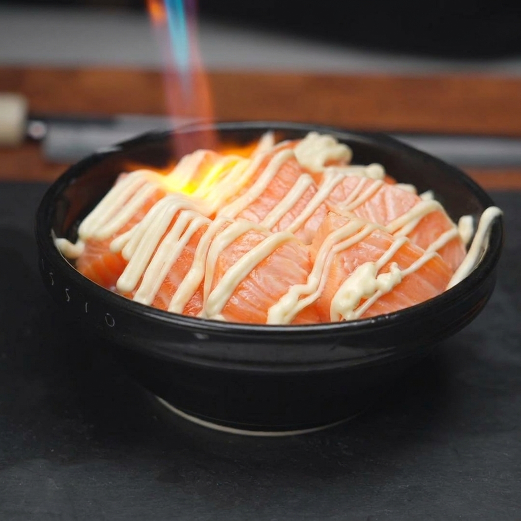 Die Flamme eines Küchenbrenners flämmt das Mayonnaise-Muster auf einer Reis-Lachs-Bowl ab.