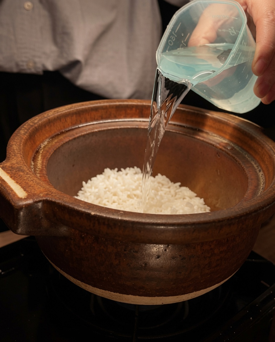 Wasser wird aus einem Messbecher in einen Tontopf mit weißem Reis gegossen.