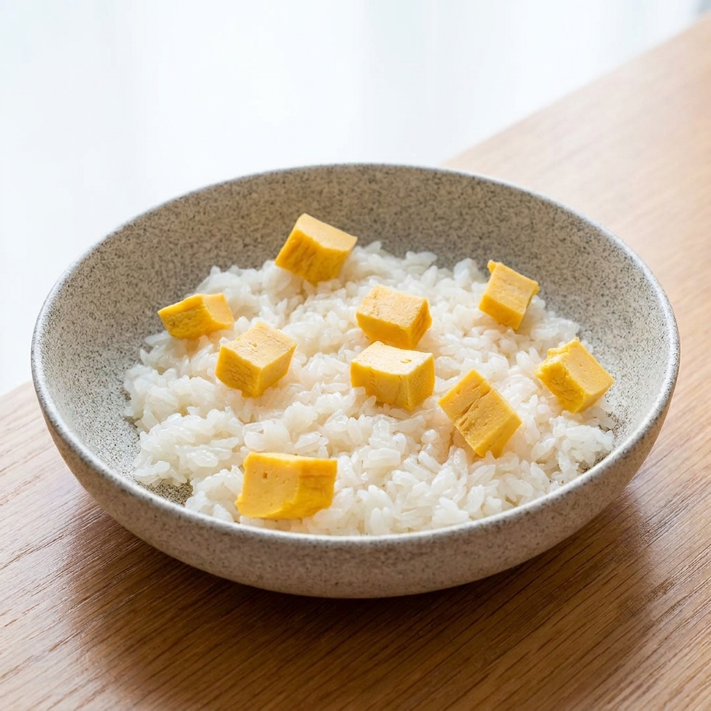 Eine gesprenkelte graue Schale, gefüllt mit weißem Reis, belegt mit verstreuten Würfeln von gelbem Tamagoyaki.