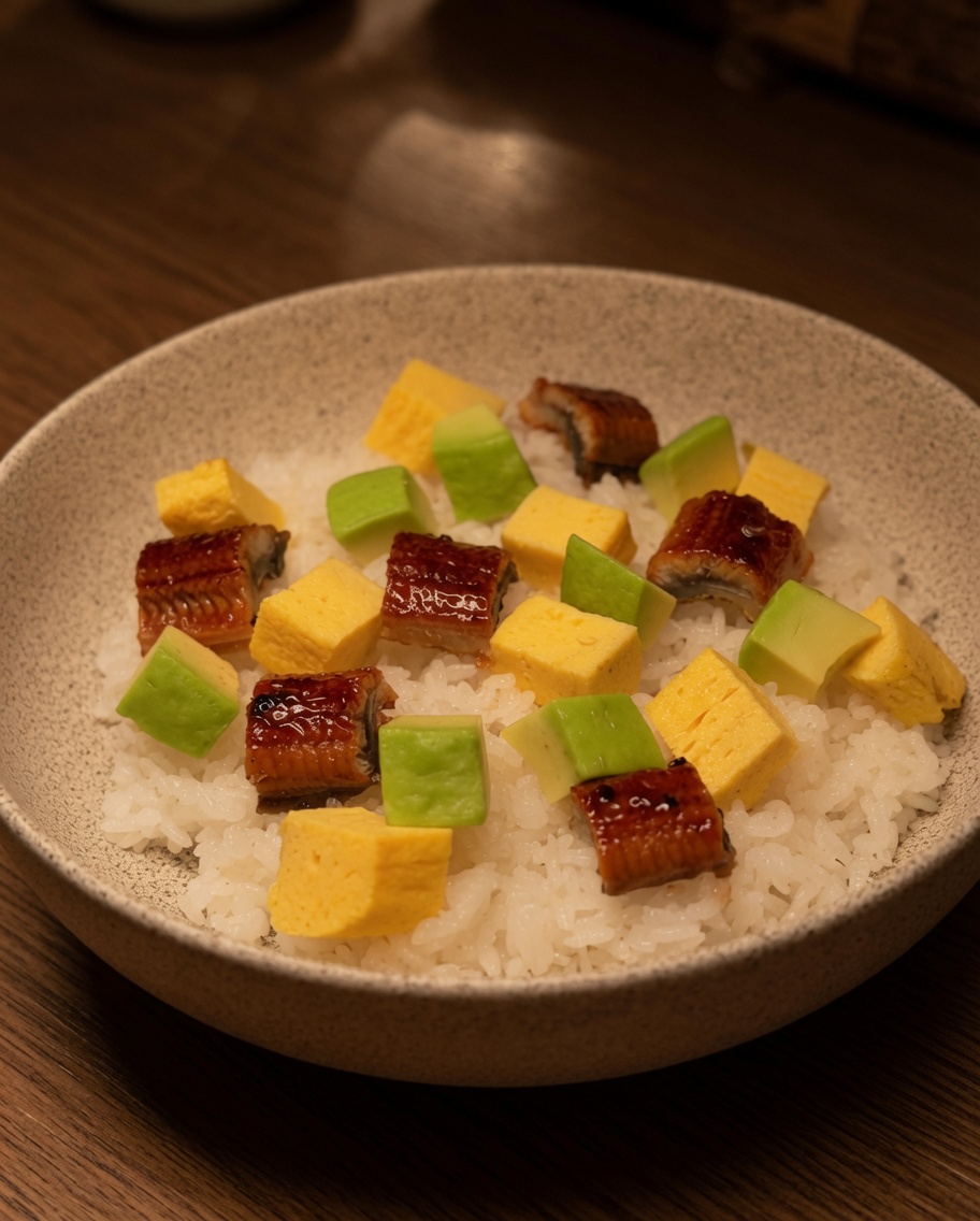 Eine Reisschale, wunderschön angerichtet mit gelben Tamagoyaki-Würfeln, grünen Avocadostücken und glasierten gegrillten Aalstücken.