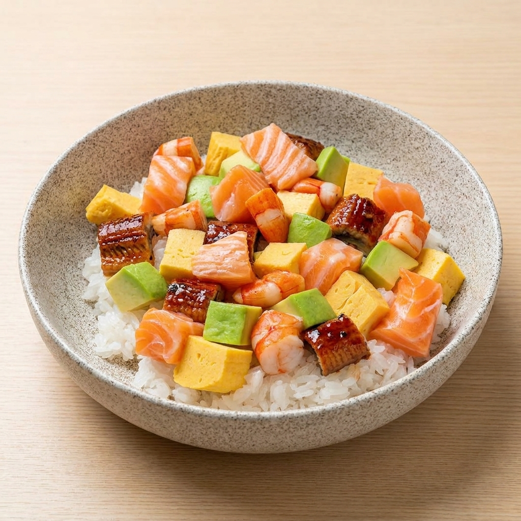 Eine gesprenkelte Schüssel Chirashi Sushi, belegt mit einer bunten Mischung aus gewürfeltem rohem Lachs, Tamagoyaki, Avocado, gegrilltem Aal und gekochten Garnelen.