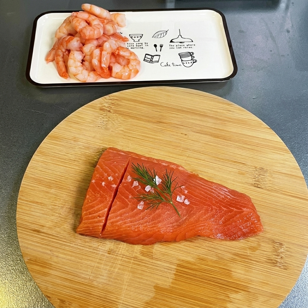 Frisches Lachsfilet wird auf einem Holzbrett in kleine, gleichmäßige Würfel geschnitten.