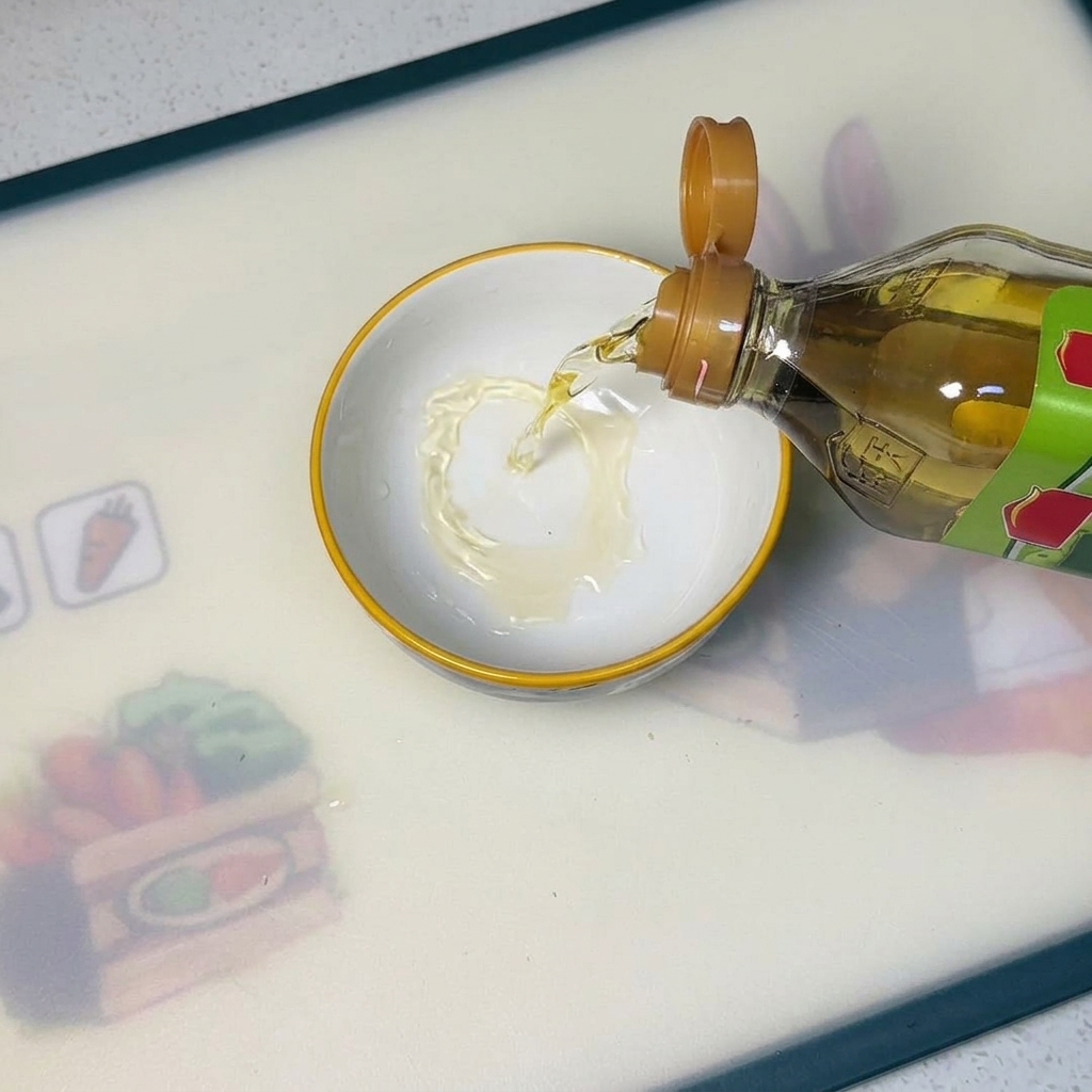 Apfelessig wird aus einer Glasflasche in eine kleine weiße Schale gegossen, in der sich bereits Zucker und Salz befinden.