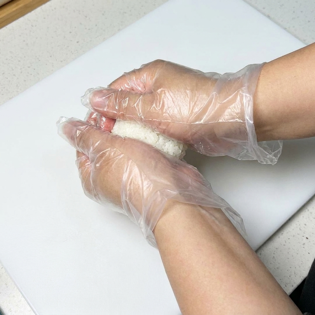 Hände in Plastikhandschuhen formen gewürzten Reis zu kleinen, kompakten, ovalen Bällchen.
