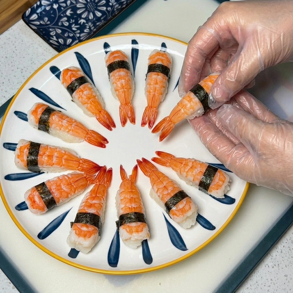Ein Garnelen-Sushi wird mit einem dünnen Seetangstreifen in der Mitte fest umwickelt.