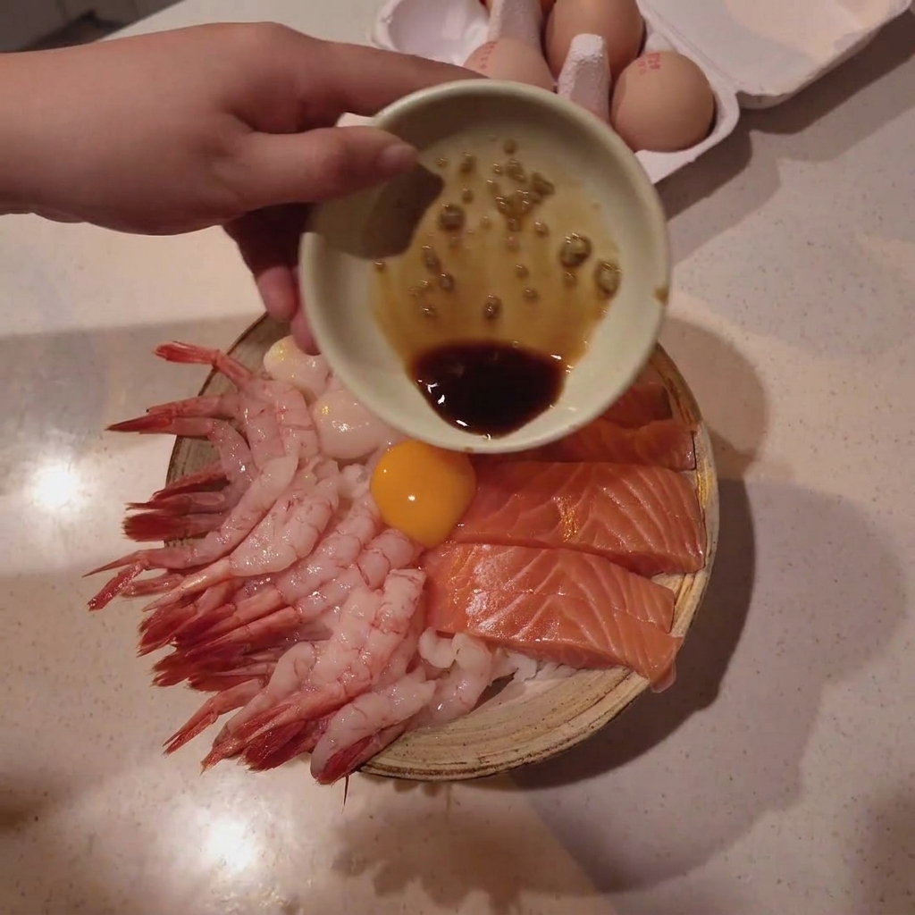 Hand gießt Sojasauce über die Meeresfrüchte-Reisschale.