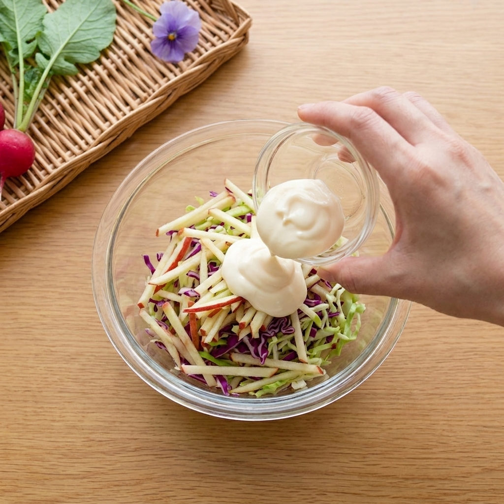 Eine Mischung aus Thunfisch, Gurke und Apfel wird in einer Schüssel mit Mayonnaise verrührt.