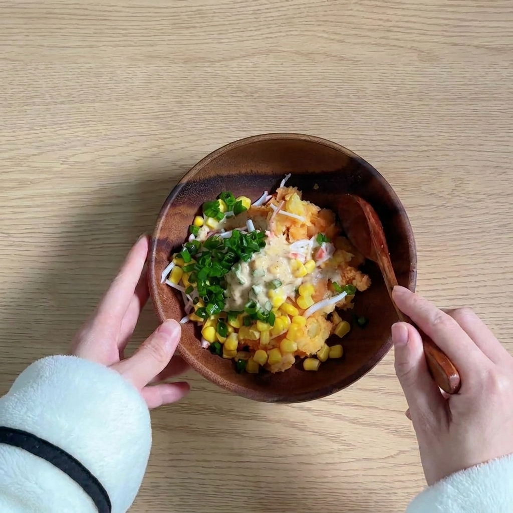 Zerdrückte Kartoffeln kombiniert mit Surimi-Sticks, Mais und Kräutern in einer Rührschüssel.