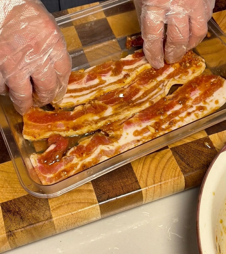Marinierter Schweinebauch in einem Glasbehälter, bedeckt mit der herzhaften Sauce.