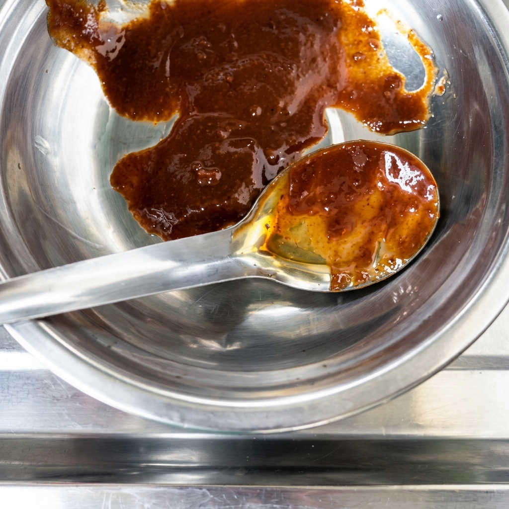 Ein Löffel dicke Sojabohnenpaste wird in die Metallschüssel zur Chilisauce gegeben.