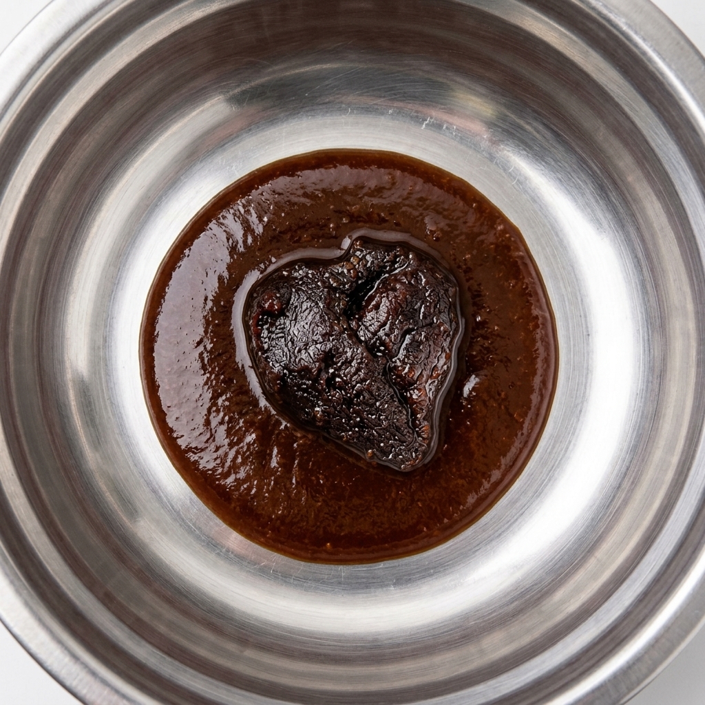Eine Mischung verschiedener Bohnenpasten in einer Schüssel wird mit Bier zu einer gleichmäßigen Sauce gerührt.