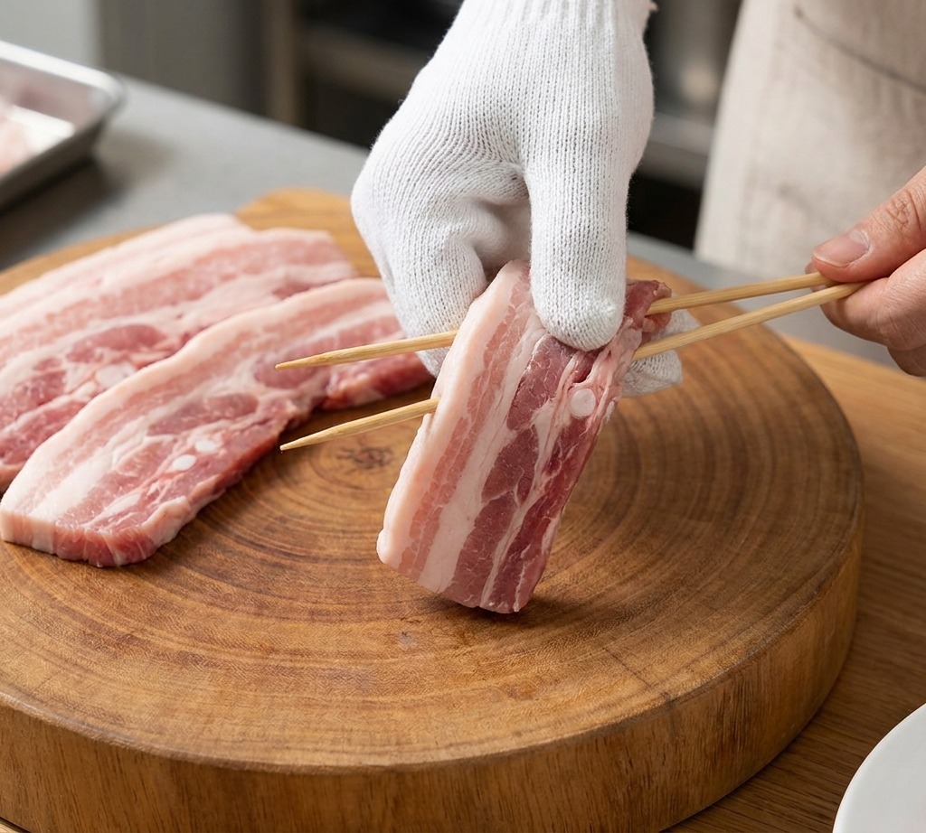 Rohe Schweinebauchscheiben werden mit einem weiß behandschuhten Hand auf Holzspieße gesteckt.