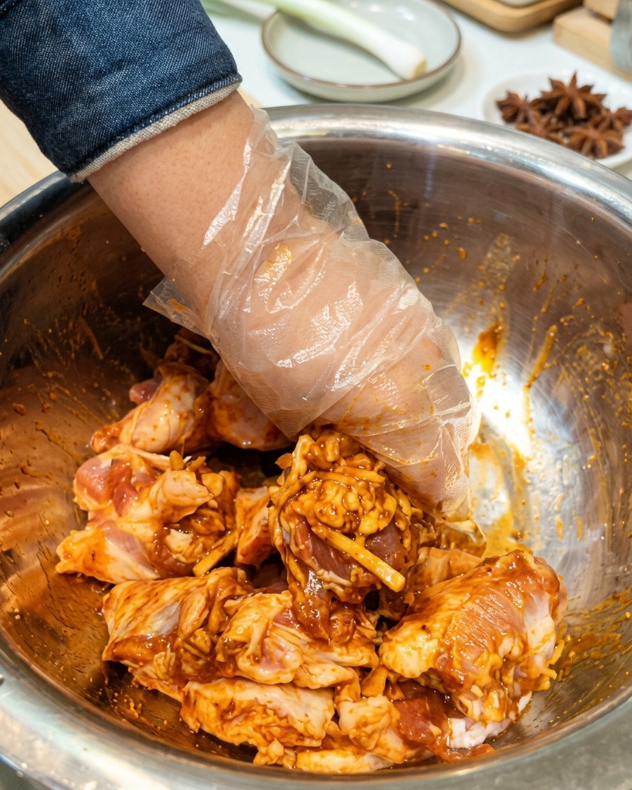 Eine behandschuhte Hand mischt die rohen Schweinebauchscheiben mit den Marinadenzutaten in einer Schüssel.