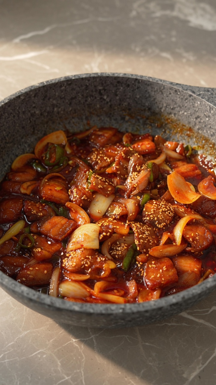 Würziger koreanischer Schweinebauch aus der Pfanne (Jeyuk Bokkeum)