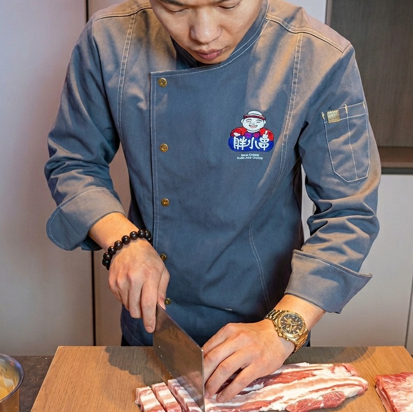 Der Koch schneidet rohes Schweinebauchfleisch auf einem Holzbrett in gleichmäßige, mundgerechte Stücke.