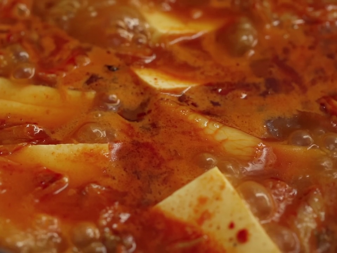 A close-up of pork belly, onion slices, leeks, and garlic being stir-fried in a pot.