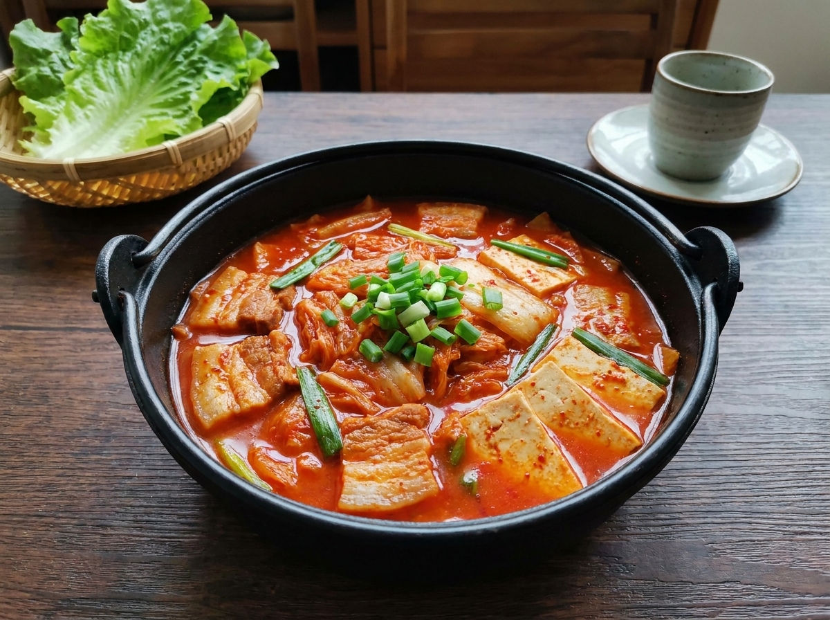 Korean kimchi, chili paste, and chili powder being added to the pot.