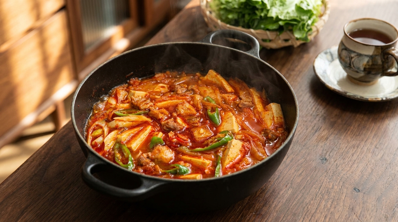 Würziger koreanischer Kimchi-Eintopf mit Schweinebauch und Tofu