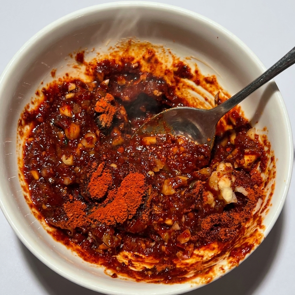 Ein Metalllöffel vermischt eine dicke, leuchtend rote Sauce in einer weißen Keramikschüssel.
