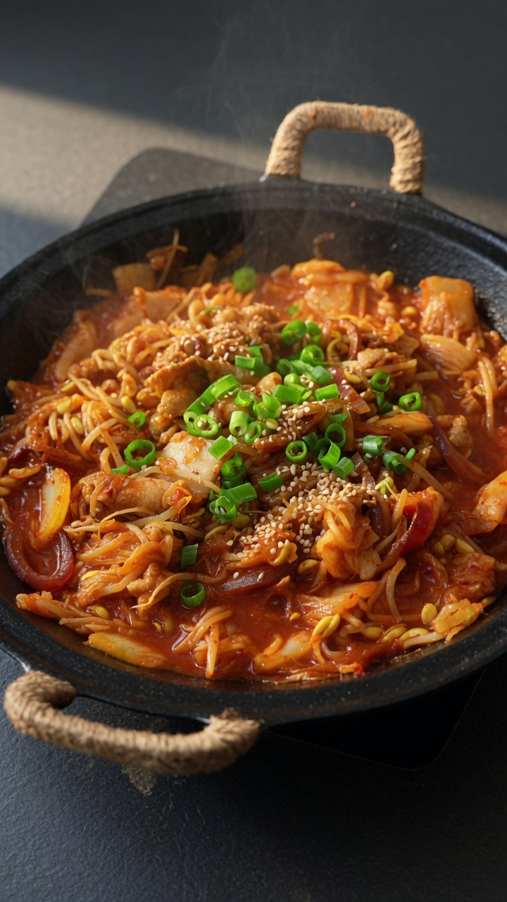 Würzige koreanische Kimchi-Schweinebauch-Pfanne