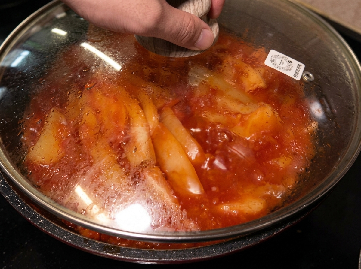 Ein Glasdeckel wird auf die Pfanne gelegt, um das geschmorte Schweinefleisch und Kimchi abzudecken.