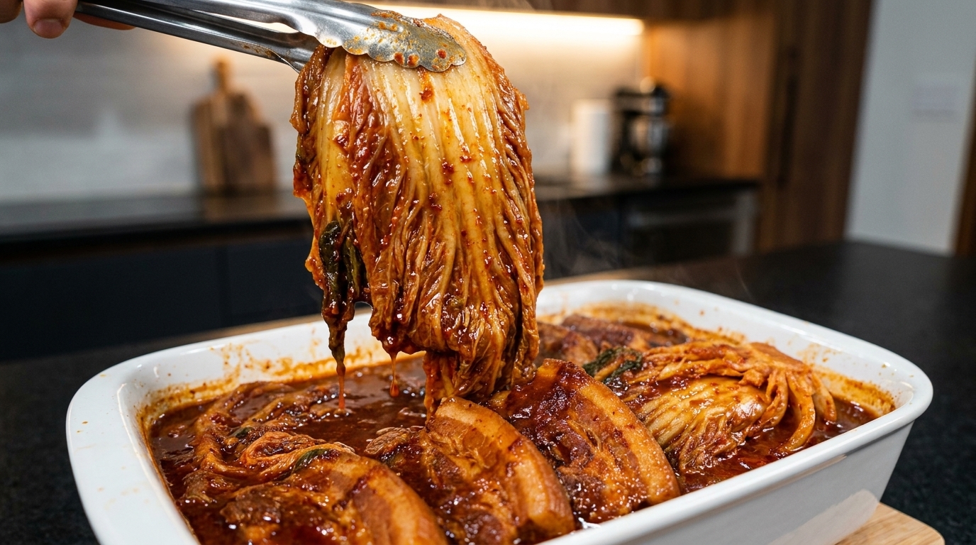 Authentischer koreanischer geschmorter Schweinebauch mit Kimchi (Kimchi Jjim)