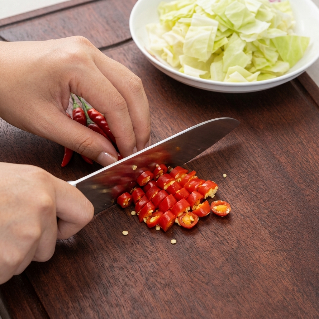 Hände schneiden leuchtend rote Chilis in kleine Ringe auf einem dunklen Holzbrett neben einer weißen Schüssel mit Kohl.
