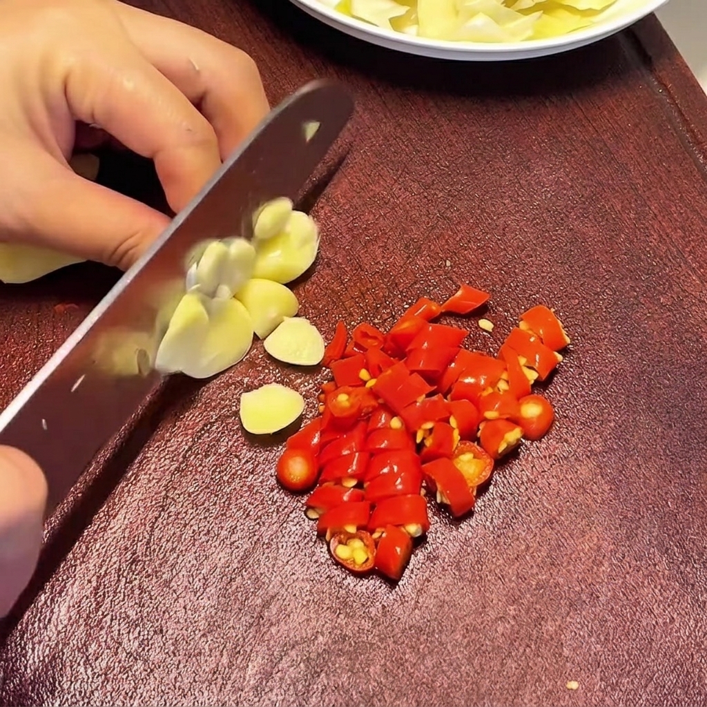 Eine Hand schneidet mit einem Messer rohe Knoblauchzehen in dünne Scheiben auf einem Brett, daneben gehackte rote Chilis.