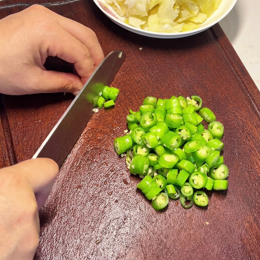 Hände schneiden kräftig grüne Chilis in gleichmäßige Ringe auf einem dunklen Holzschneidebrett.